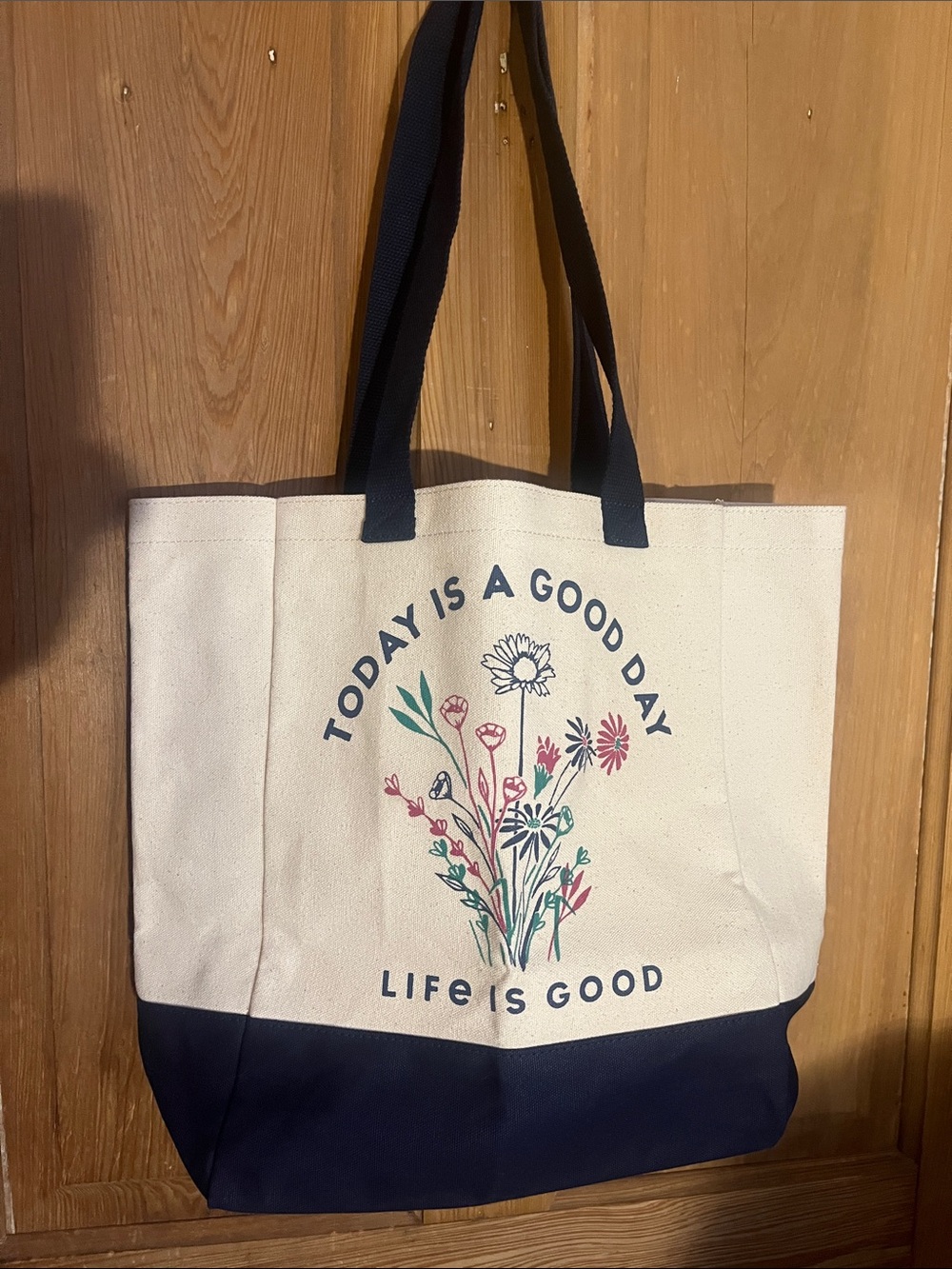 Life Is Good Canvas Tote - Navy & Cream with Floral Print